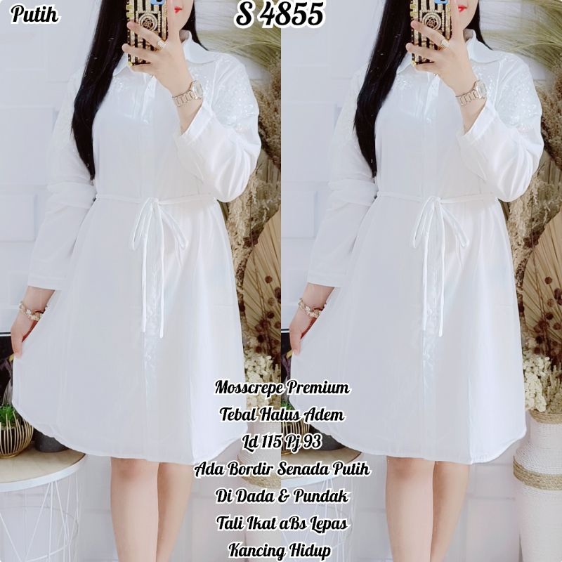 4855 #Tunik Moscrepe warna Putih motif Bordir Senada