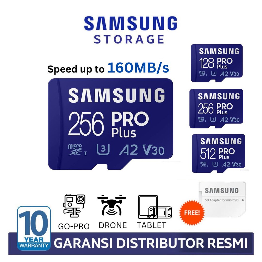 SAMSUNG Microsd PRO PLUS 128GB / 256GB / 512GB MicrosdSDXC Memory Card emory Card hp Micro SD Kartu SD Memori card Class10 + FREE Adapter GARANSI 10th