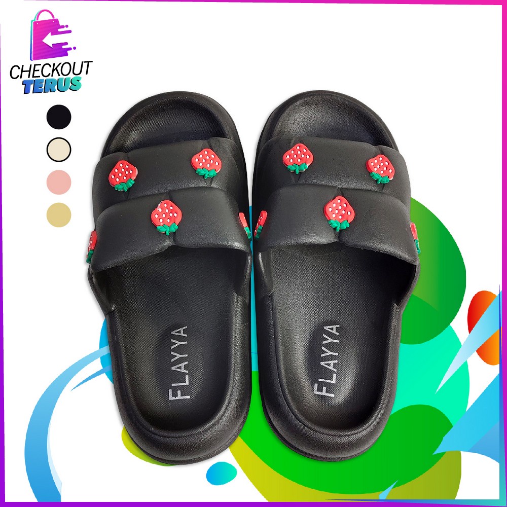 CT S50 Sandal Selop Wanita Bahan PVC Motif Strawberry Korean Style Elastik Empuk Anti Slip Import Sendal Jelly Soft Slipper