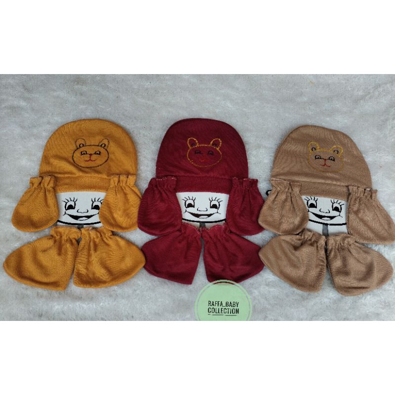 Sett topi sarung tangan+sarung kaki bayi polos boneka Arsel