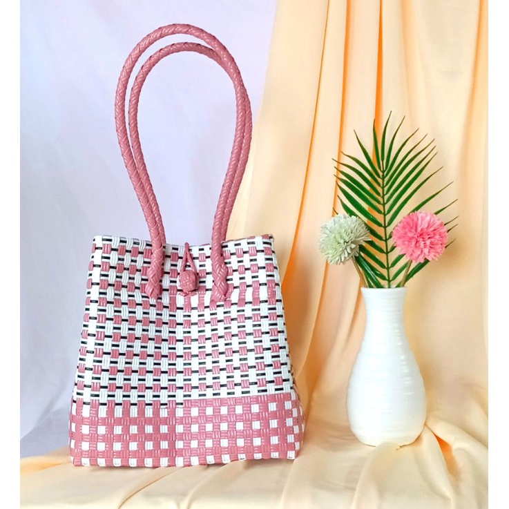 TAS ANYAMAN JALI PREMIUM SIZE M PUTIH PINK TOTE BAG TAS WANITA HANDMADE