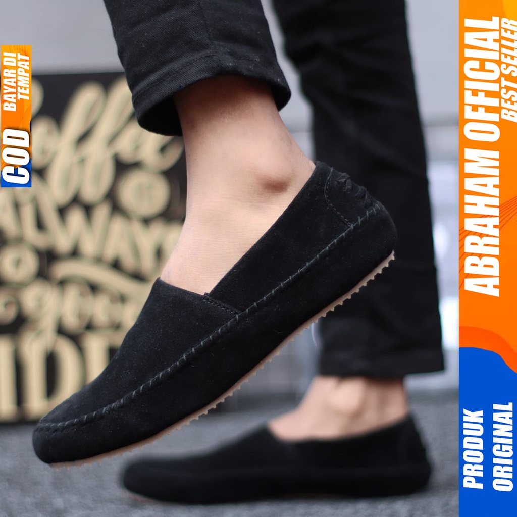 Sepatu Slip On Santai Casual Slop Antislip Hitam Kerja Pria Abraham Siena