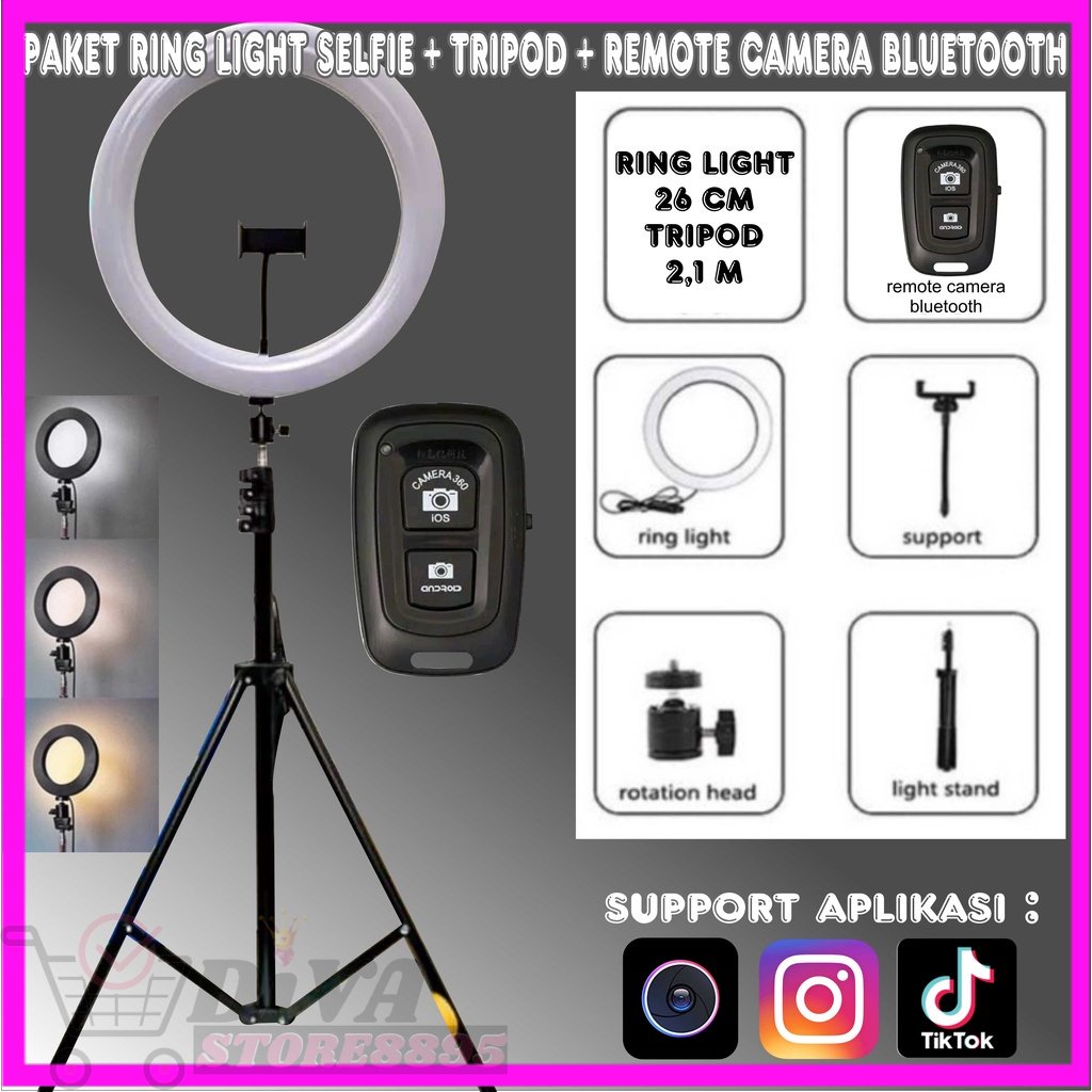 paket selfie paket tiktok MIXIO Ring Light 26cm + Light Stand Tripod 2M Selfie Livestreamer - PAKET remote camera bluetooth DIVA STORE