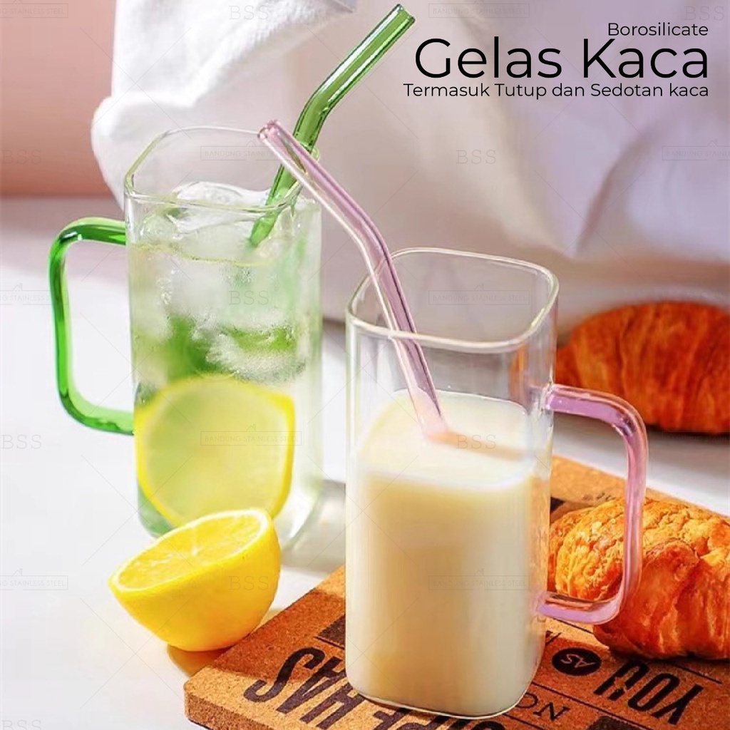 Gelas Kaca Aesthetic Borosilicate Square Kotak 400ml Simple Polos Dengan Tutup Glass Cantik Unik Korea Borosilika nordic Juice Jus