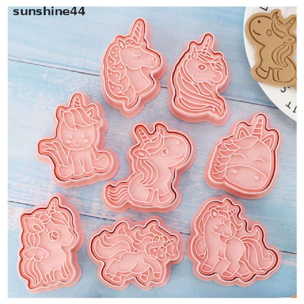 Sunshine 8pcs / set Cetakan Biskuit Bentuk Kartun Unicorn 3D Bahan Plastik