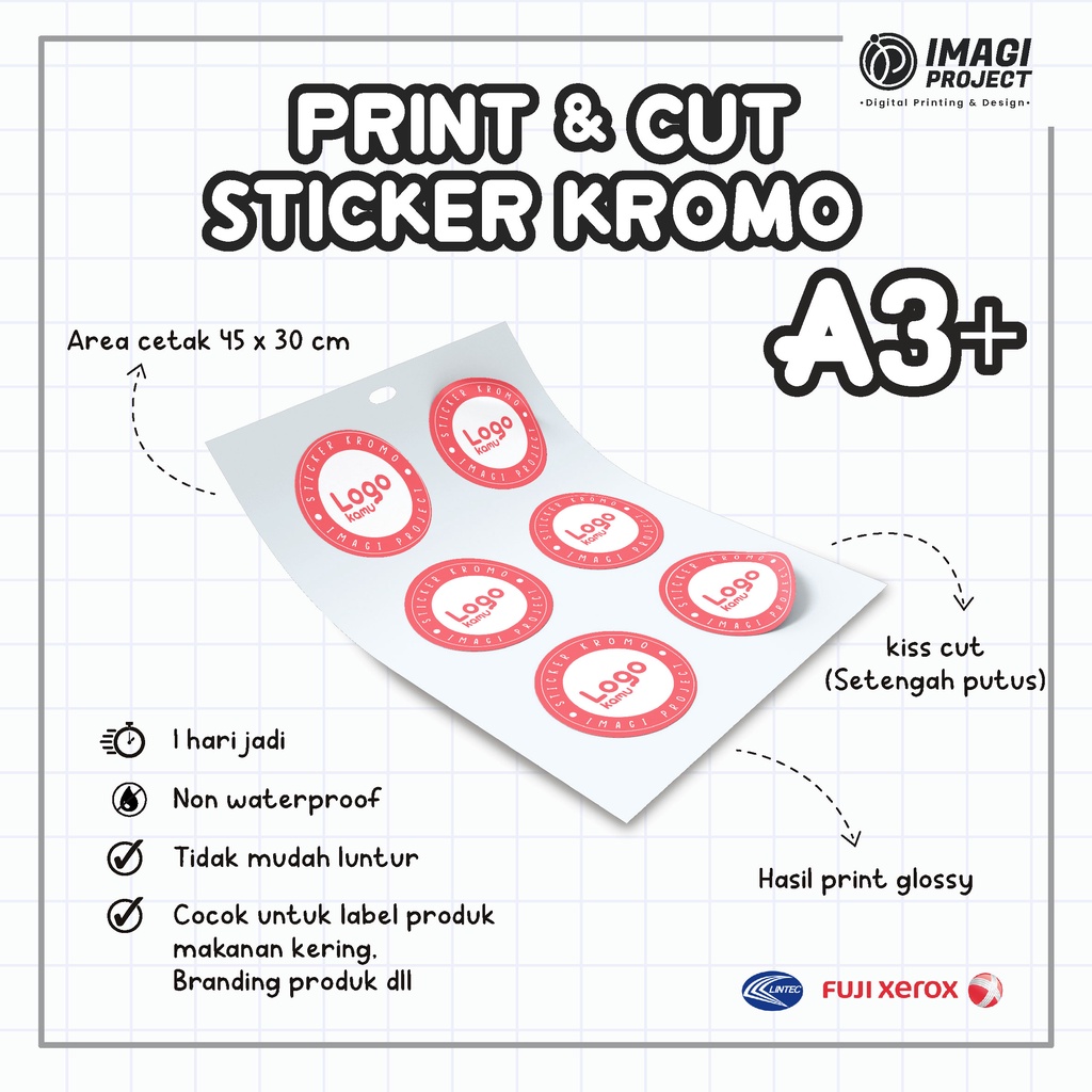 

CETAK STICKER KROMO PERLEMBAR A3+ PRINT CUTTING STICKER LABEL PRODUK