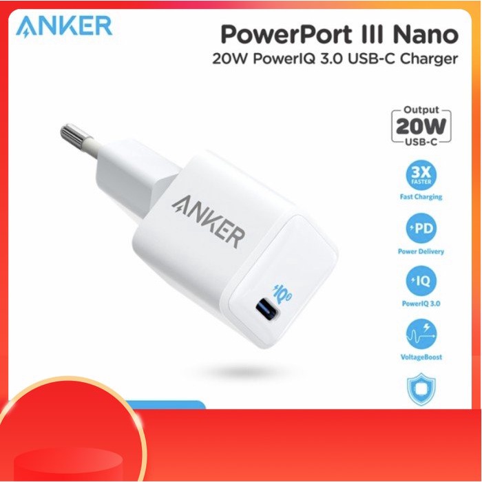 Anker Powerport III Nano - Wall Charger 20W PD - A2633 - Garansi Resmi - White