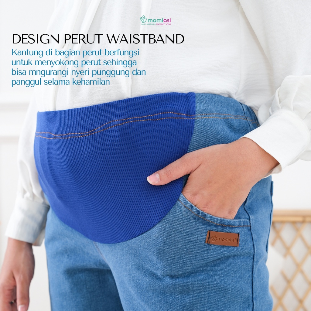 Momiasi - Celana Hamil Jeans Kulot Rawis Denim Strech Panjang Jumbo Wanita Bumil Maternity Pants Premium