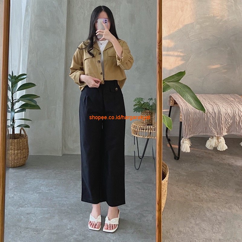Celana Kulot Highwaist Bahan Rami Linen Wide Leg Cullotes 2236 || Ootd Korean Style