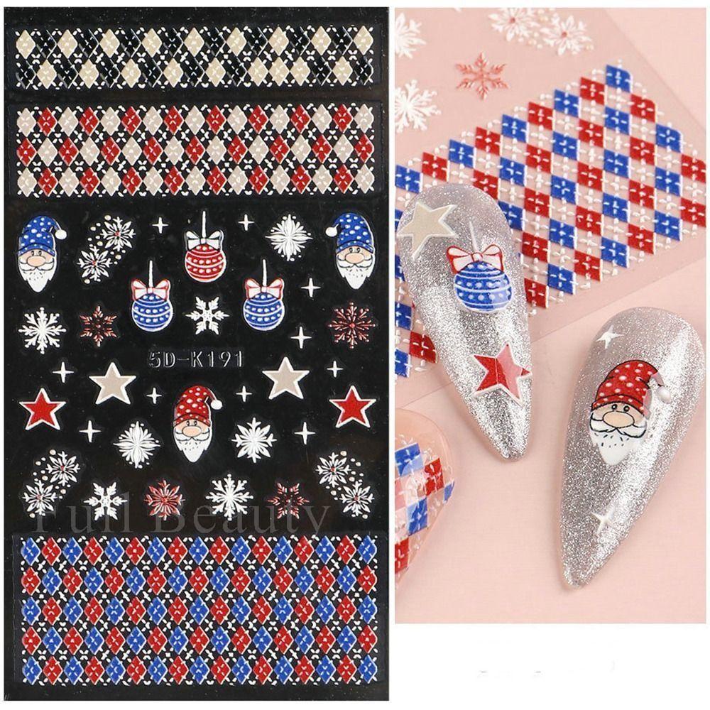 Agustina Natal Stiker Kuku Lucu Perekat Diri Tahun Baru Musim Dingin Santa Claus Putih Snowflakes Manicure Aksesoris