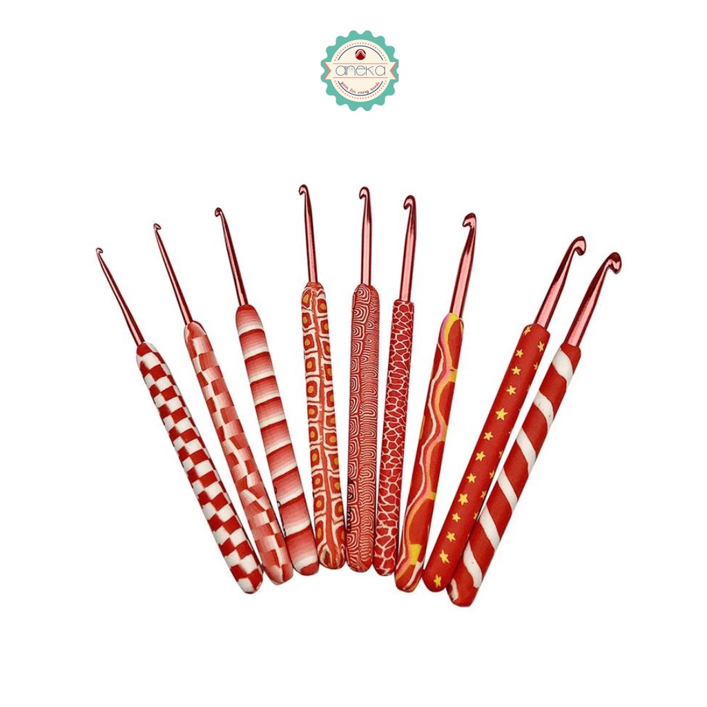 AnekaBenang - Jarum Rajut / Hakpen Karet Merah Motif / Crochet Hook