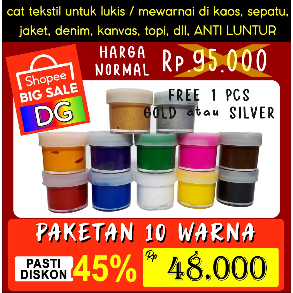 

CAT PAKET 10 WARNA + FREE 1 PCS Cat LUKIS untuk mewarnai di kaos / tas / sepatu / jeans / jaket / topi / kanvas / poster / spanduk / terpal - langsung pakai ANTI LUNTUR