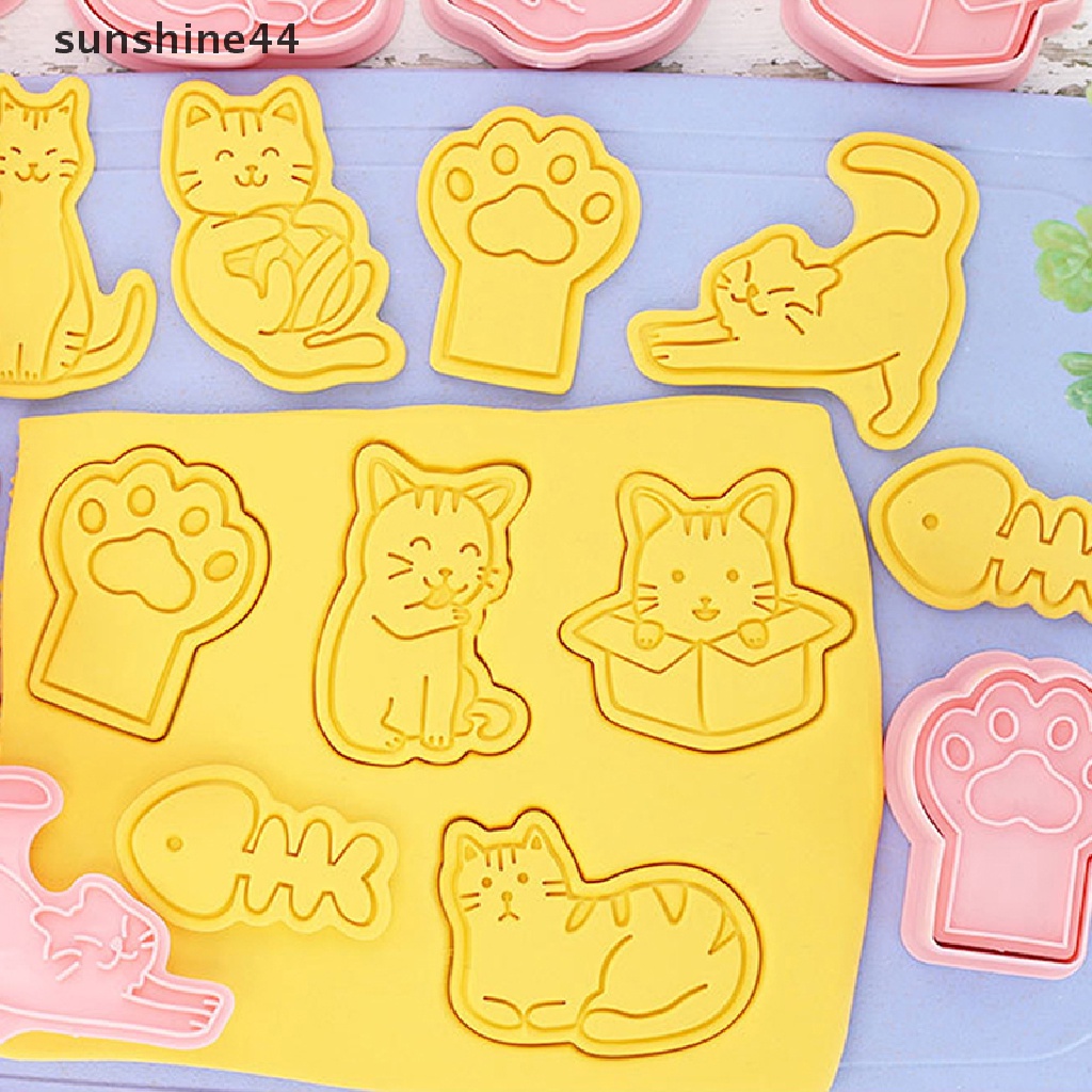 Sunshine 8Pcs Cetakan Biskuit / Cookies Bentuk Kartun Kucing 3D Bahan Plastik