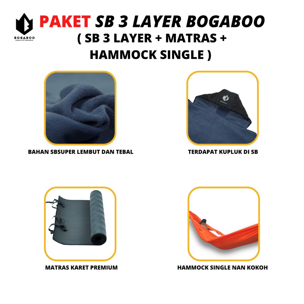 PAKET HEMAT - Matras Karet + Sleeping Bag 3 Layer BOGABOO Polar Dacron + Hammock Single