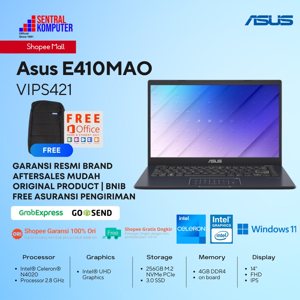 Asus E410MAO-VIPS421 Celeron N4020-4GB-256GB SSD-Win 11+OHS