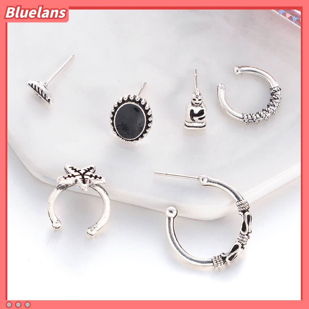 6pcs / Set Anting Stud Klip Desain Bintang Daun Bahan Alloy Gaya Bohemian Untuk Wanita