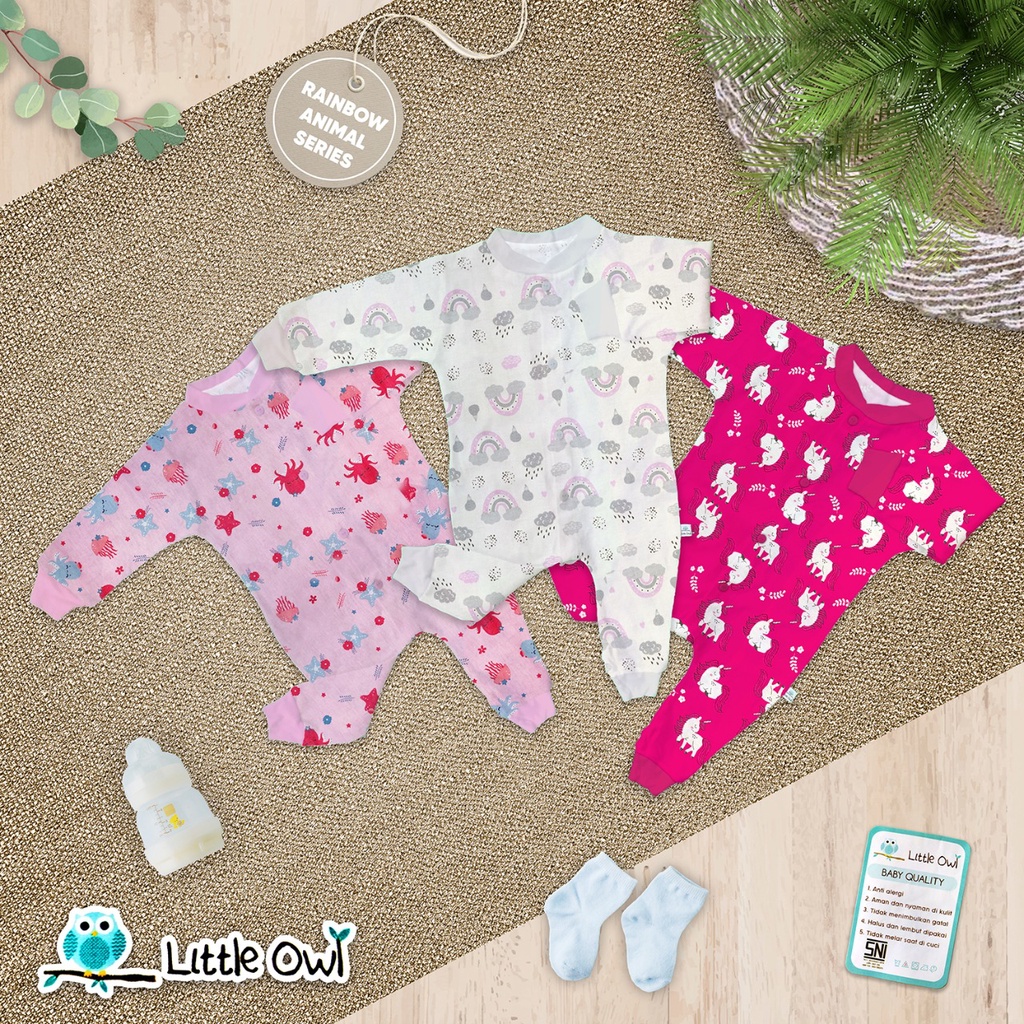 3 Pcs Sleepsuit Little Owl Baju Kodok Bayi Motif 0-24 Bulan / Jumper panjang Newborn Piyama Baby Premium Quality