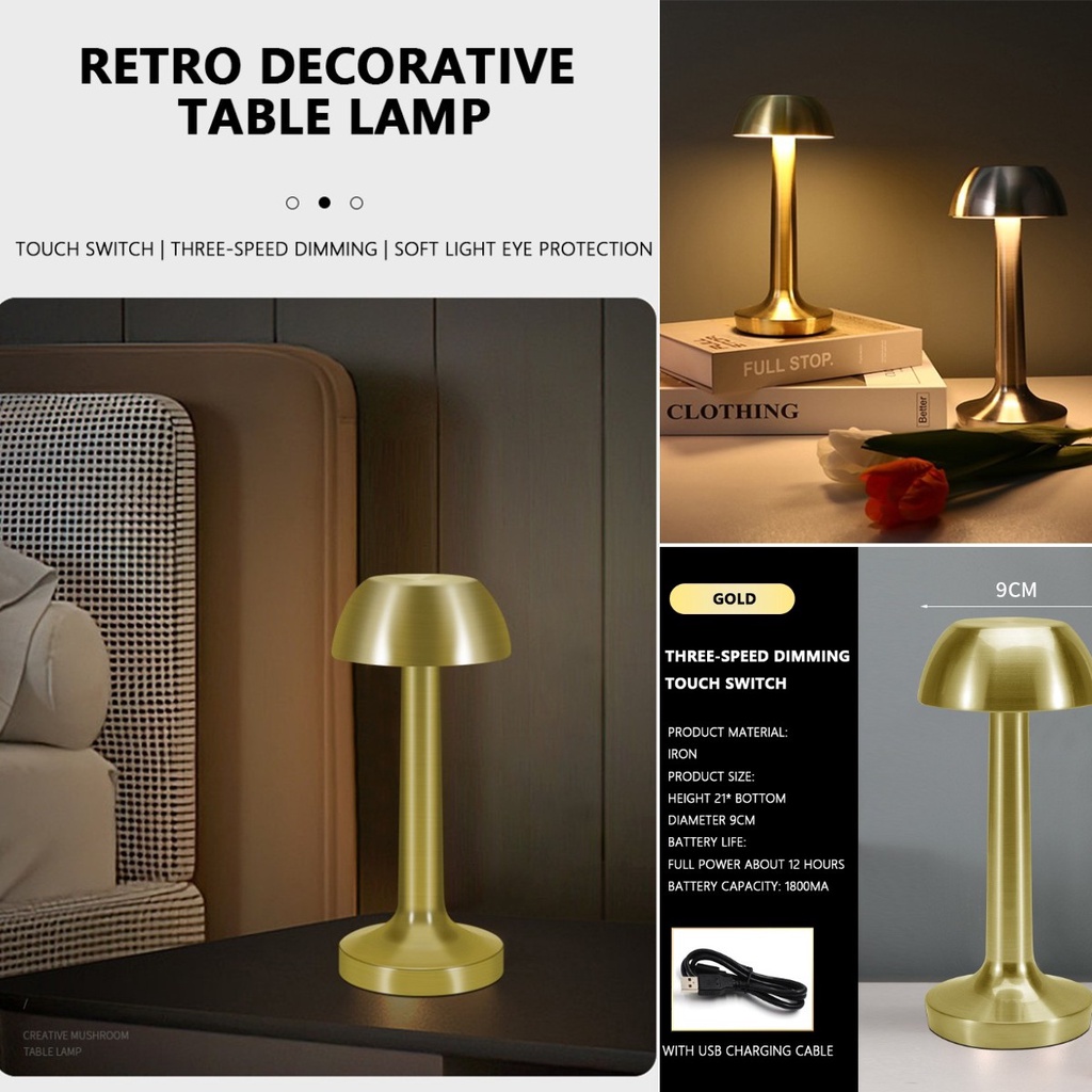 ღ Cordless Meja Lampu 3 Tingkat Sentuh Portabel Led Suasana Malam Lampu Usb Pengisian Kamar Tidur Restoran Meja Samping Tempat Tidur Dekorasi