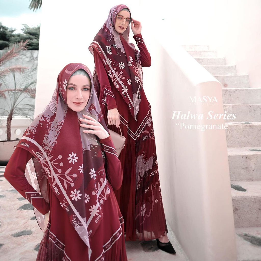 Set Gamis Dress Ceruty Babydoll Printing Premium Syari Branded Merah Maroon - Broken White - Ungu - 