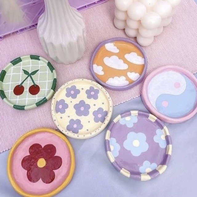 Tatakan Pot Tanah Liat Lukis Clay Alas Gelas Aesthetic Tempat Asesoris Lucu Unik Properti Foto Produ