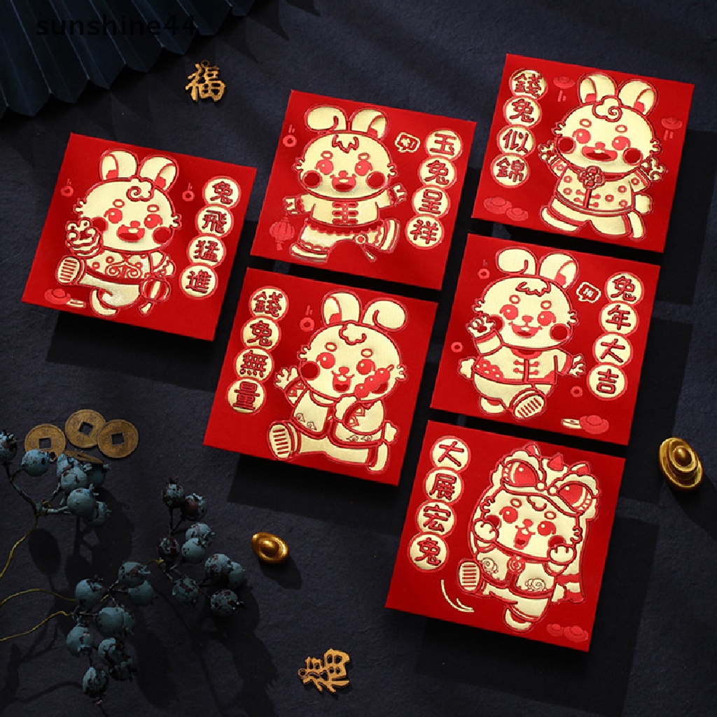 Sunshine 6Pcs Amplop Angpao Tahun Baru Cina / Imlek 2023 Warna Merah