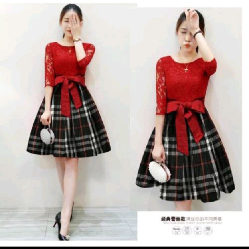 Dress brukat katun kotak/Dress Red Merry/Gaun natal gereja/gaun brukat kotak