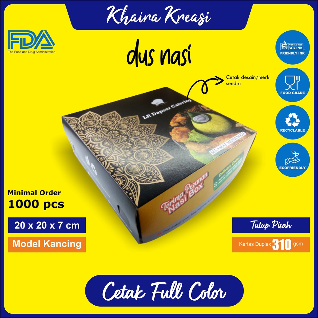 

Cetak Custom Dus Nasi / Dus Catering / Kotak Nasi / Ukuran 20x20x7 cm (Tutup Pisah) Minimal 1000 Pcs / cetak Full Color