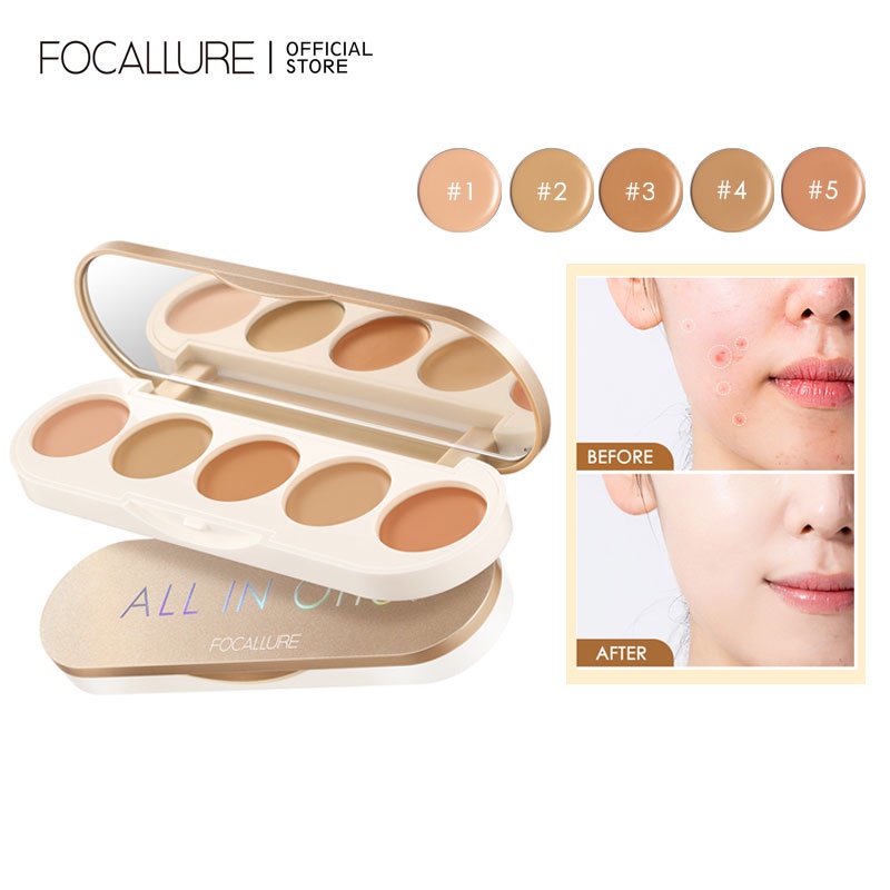 FOCALLURE 5 In 1 Concealer Palette High Coverage Lightweight Matte Powder-Light Liquid Foundation #Golde FA299