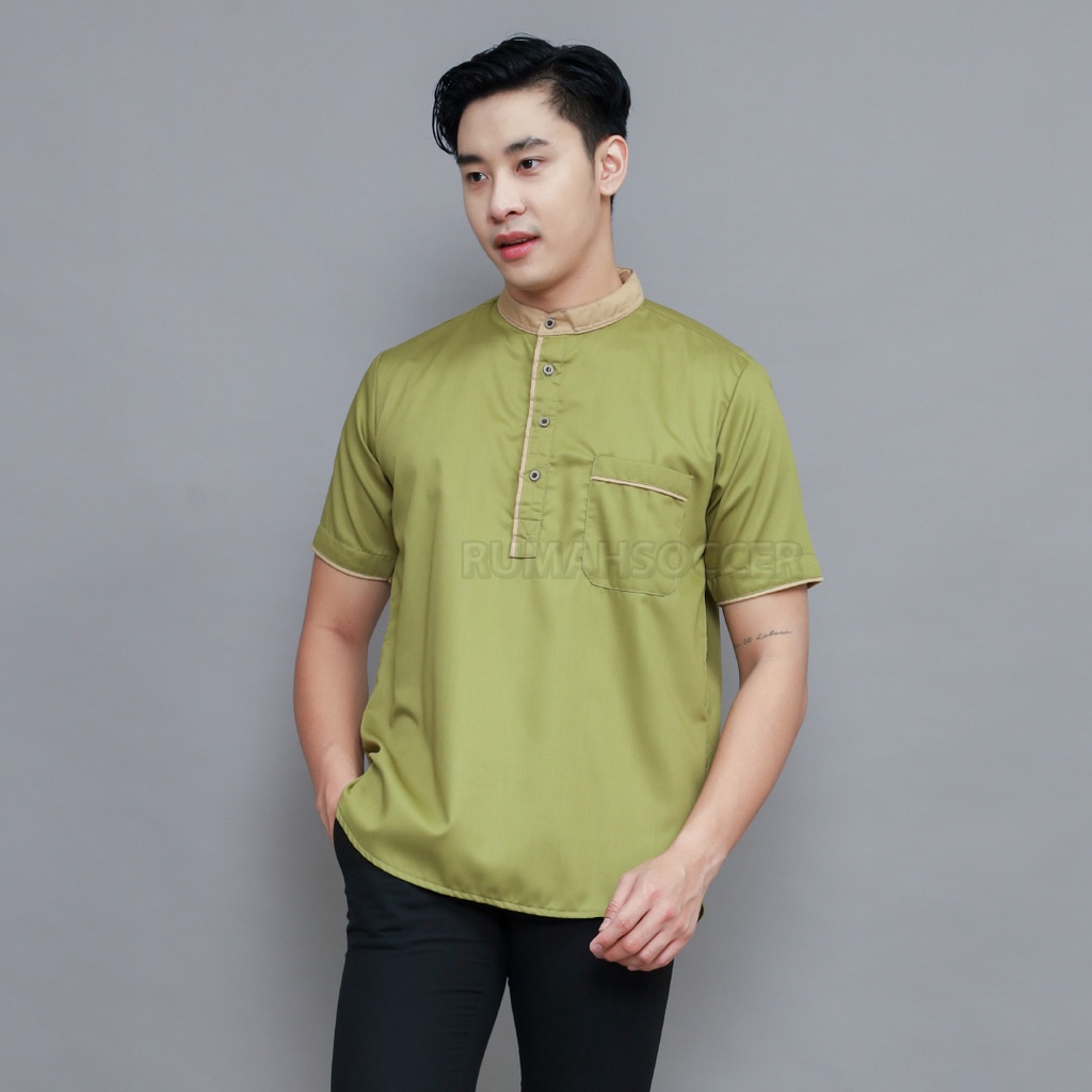 Baju Kemeja Koko Dewasa Lengan Pendek Polos AKHTAR Bahan Katun Adem Warna Olive Tersedia Ukuran S M L XL XXL