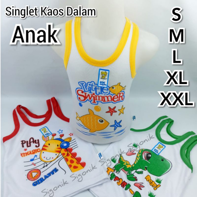 Singlet Motif Anak Cowok BEBE AMIGUITO S M L XL XXL 2XL Kaos Kurang Dalaman Sablon DINO Batita Balita Paud TK Cewek Laki-laki Unisex Katun Kengsi Tanktop Tangtop Warna Warni Grosir Murah Sigonik