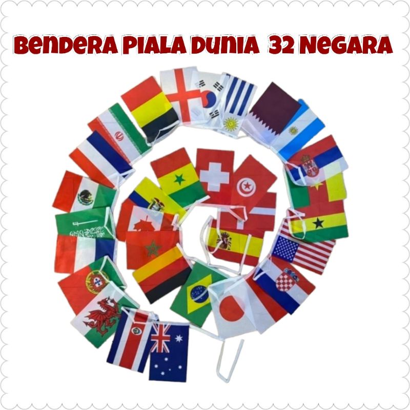 Bendera World Cup Qatar 2022 / Bendera Renceng Piala Dunia Qatar 32 Negara / Bendera Pildun / Dekorasi Bendera Piala Dunia / Pernak Pernik Pesta / Hiasan / Dekorasi Nobar / sport collection jakarta