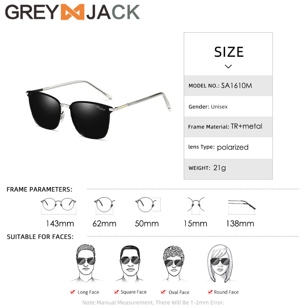 Grey Jack Kacamata Hitam Fashion Sunglasses Polarized Anti silau Pelindungan UV Metal+TR90 model kotak pria dan wanita SA 0864