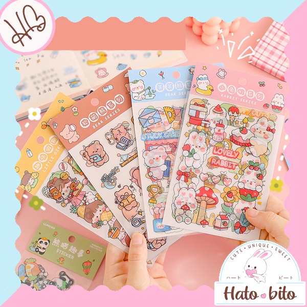 

1 set dapat 4 lembar sticker lucu cute deco stiker DIY estetik karakter beruang kelinci girl empat warna HB1342