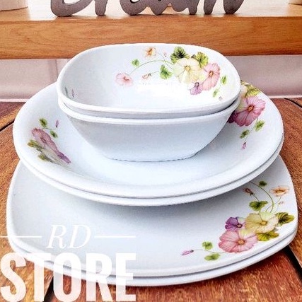 PROMO 6.PCS ISI 2.PCS PIRING KOTAK SAJI 2.PCS PIRING MAKAN CEKUNG 2.PCS MANGKOK SAYUR BAHAN MELAMINE WARE MOTIF