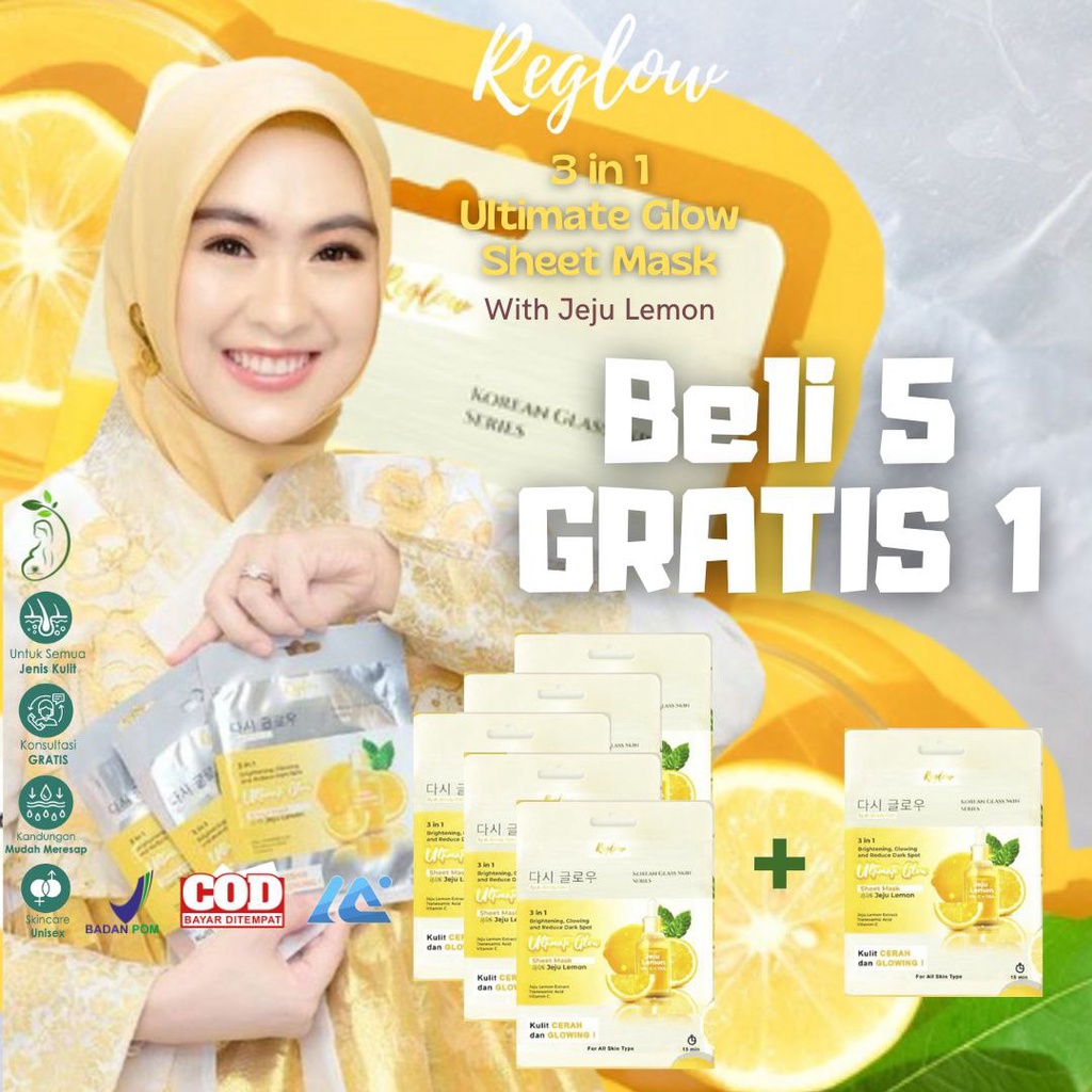 REGLOW SHEET MASK JEJU LEMON MASKER WAJAH REGLOW MASKER FLEK HITAM MASKER JERAWAT MASKER VITAMIN C