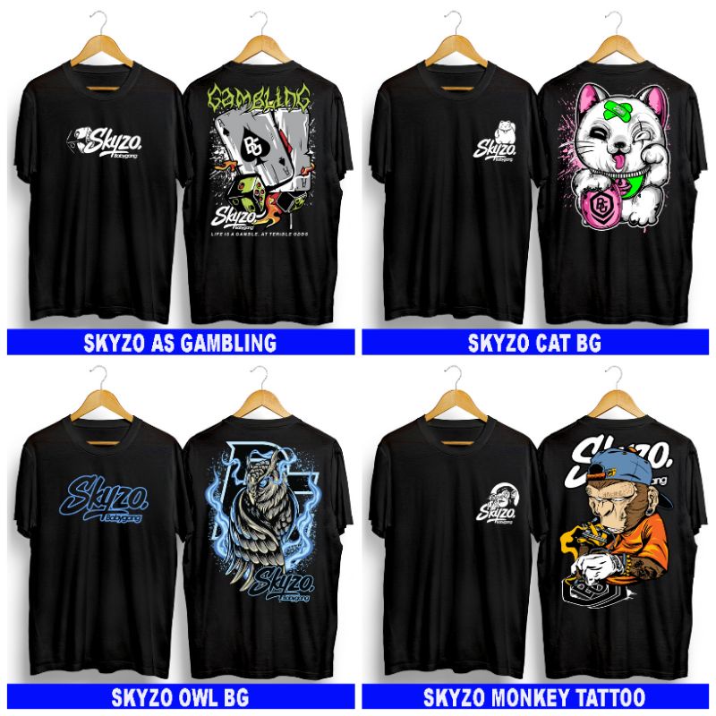 T-shirt Baju Kaos Distro Pria/Wanita Skyzo As Gambling Skyzo Cat BG Skyzo Owl BG Skyzo Monkey Tattoo