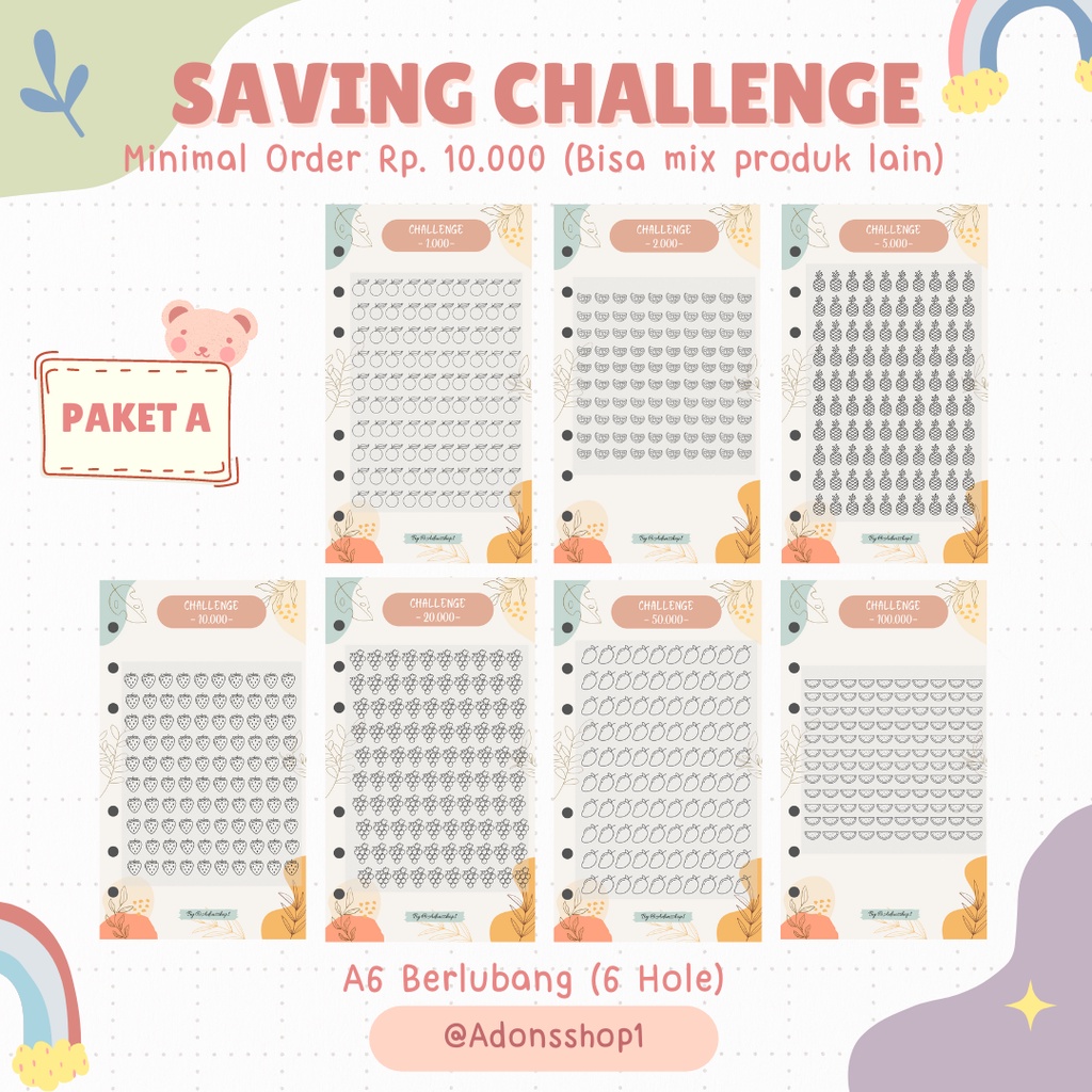 

Saving Challange Rp. 1.000 - Rp. 100.000 A6 6 Hole