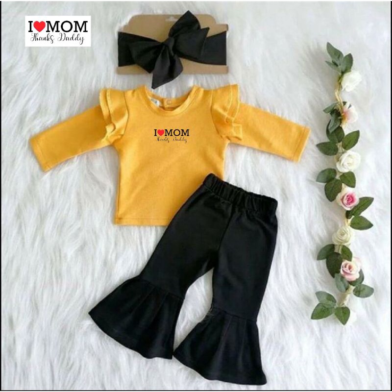 Stelan Kaos Anak Perempuan Atasan Lengan Panjang Variasi Kerutan Sablon I ❤️ MOM Celana Cutbray 1-8 Tahun Matt Babyterry/Set Lala Kids