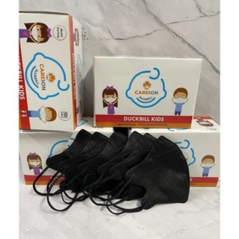 MASKER DUCKBILL ANAK CAREION POLOS HITAM &amp; PUTIH 1 BOX ISI 50 | UNTUK USIA 4-12 TAHUN