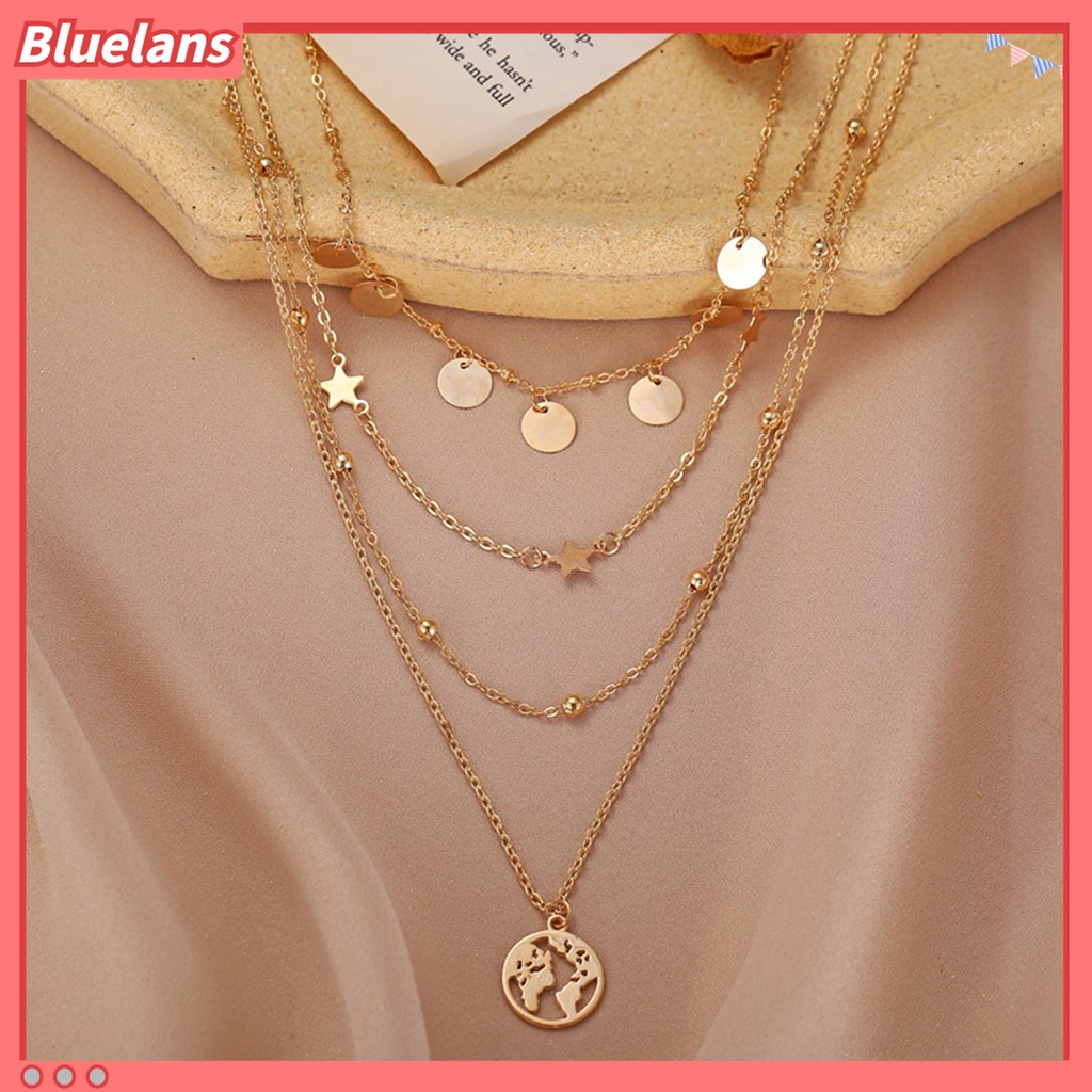 Kalung Multilayer Dengan Liontin Bulat Motif Peta Untuk Wanita