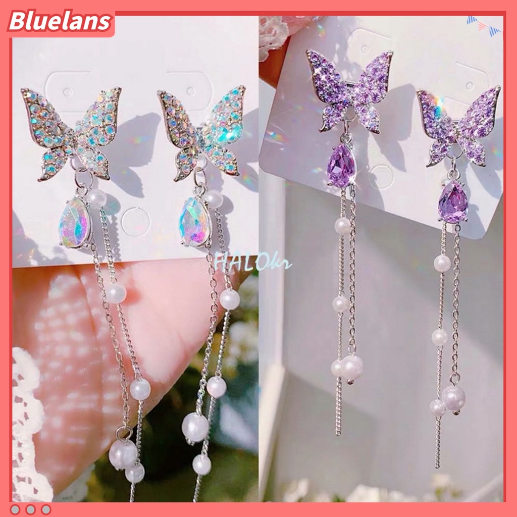 1 Pasang Anting Stud Rantai Rumbai Kupu-Kupu Mutiara Berlian Imitasi Kilau Untuk Wanita