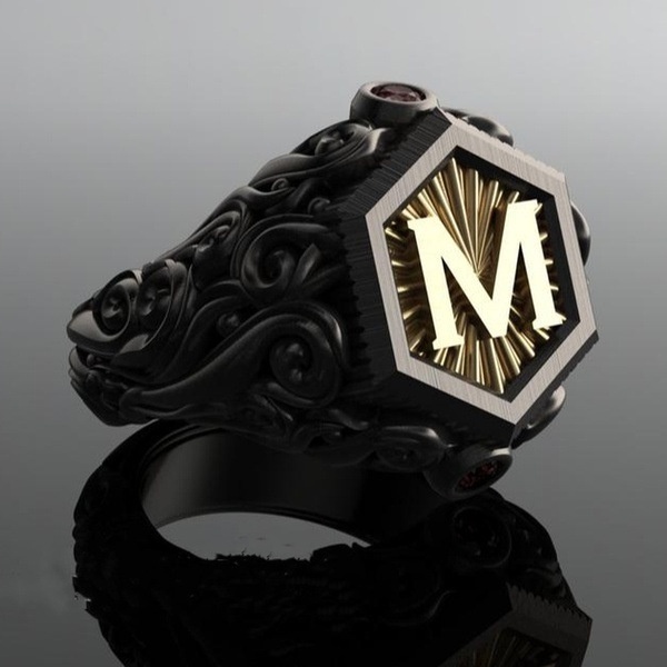 Cincin Pria Desain Monster M Warna Goldhitam Gaya Trendy Rock Untuk Pestahadiah