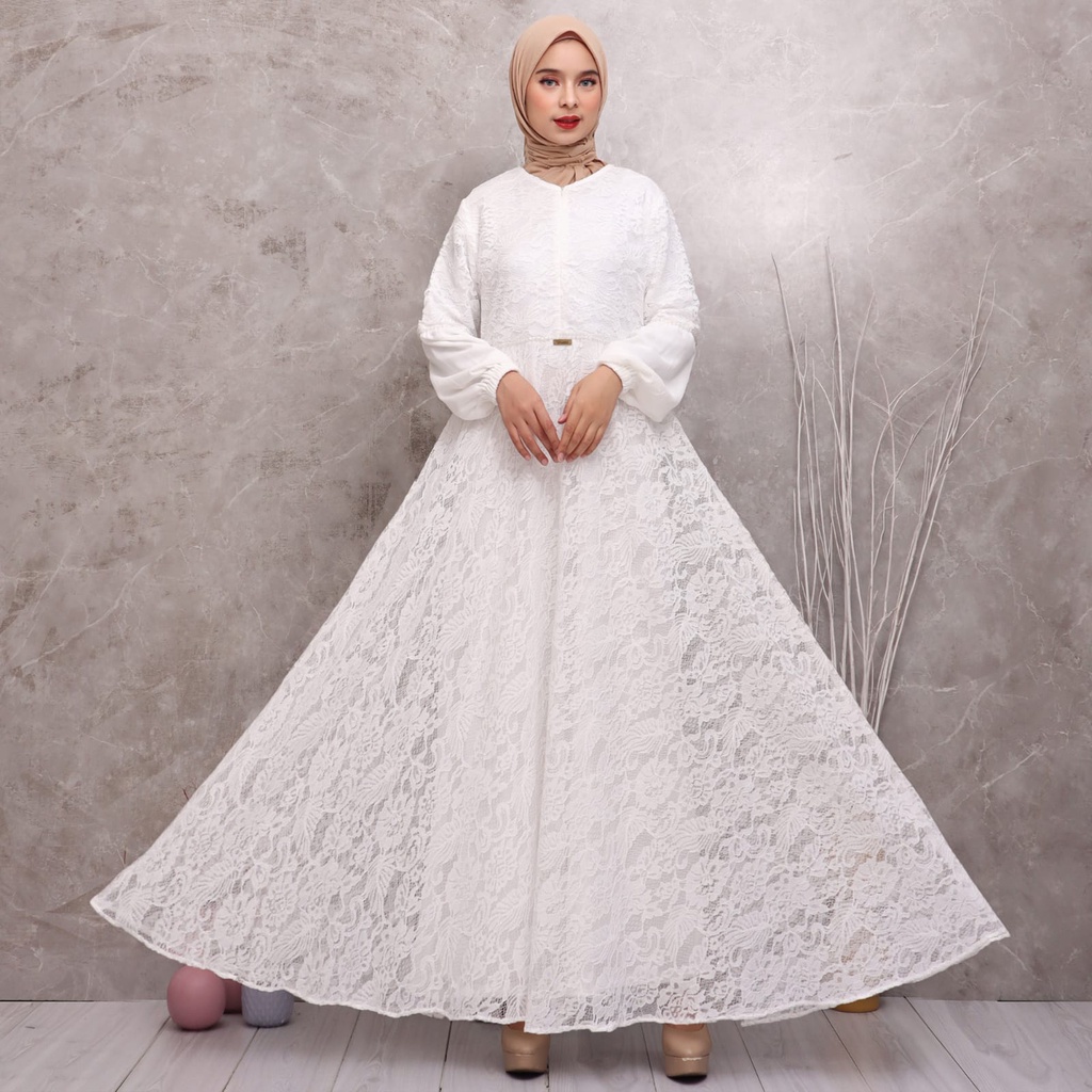 PREMIUM Gamis Putih KKUM OFFICIAL Baju Lebaran Umroh Haji Busana Muslim Hijab Dress Brukat AGNES Wanita Terbaru