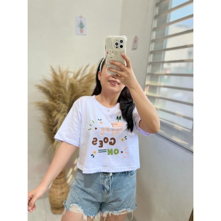 CROP PUTIH MOTIF ONECK COTTON OVERSIZE | BAJU KAOS TUMBLR CROP TEE TSHIRT KAOS KOREA FASHION WANITA