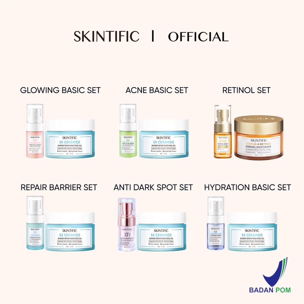 SKINTIFIC 2pcs set with serum (Cream +Serum)  paket skincare Moisture Gel + Glowing Serum /Anti Acne Serum / Skin barrier Repair Serum / Hydration Serum