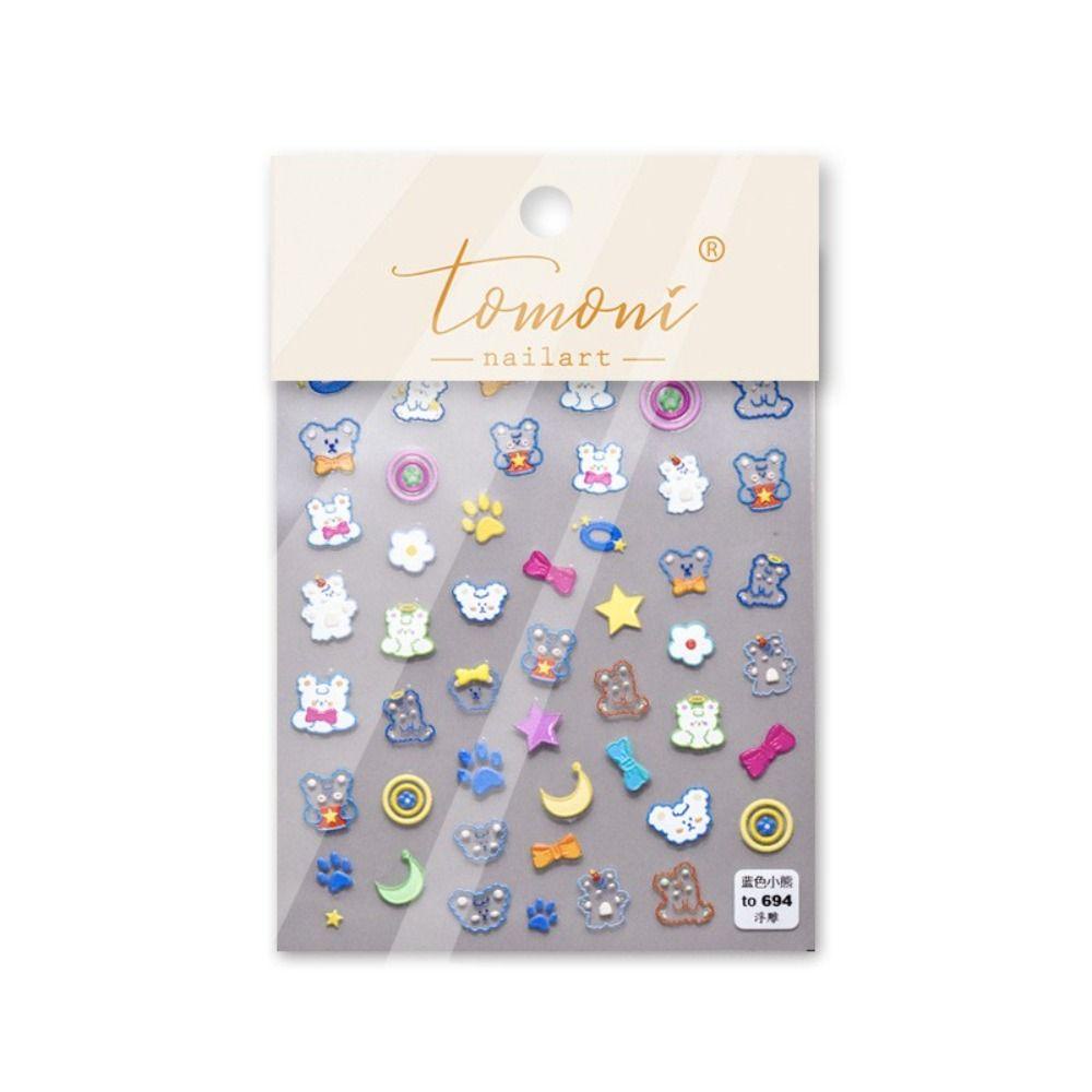 Needway Beruang Kelinci Stiker Kuku Gadis 5D Nail Art Decals Lem Belakang Kartun Relief Manicure Charms