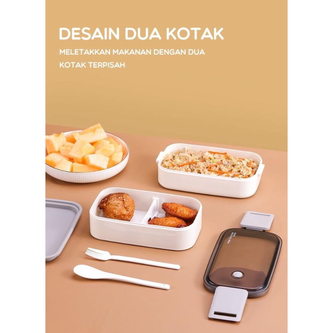 Bonbox Kotak Makan 2 Tingkat Lunch Box Susun Microwaveable Food Grade Material Plastik Dengan Alat Makan BTW40