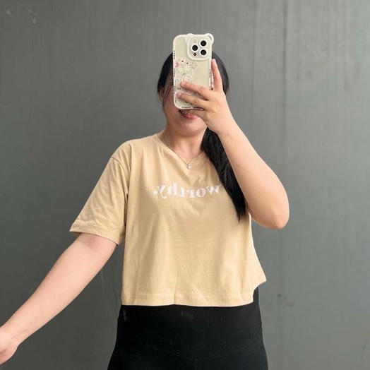 CROP BEIGE MOTIF ONECK COTTON OVERSIZE | BAJU KAOS TUMBLR CROP TEE TSHIRT KAOS KOREA FASHION WANITA