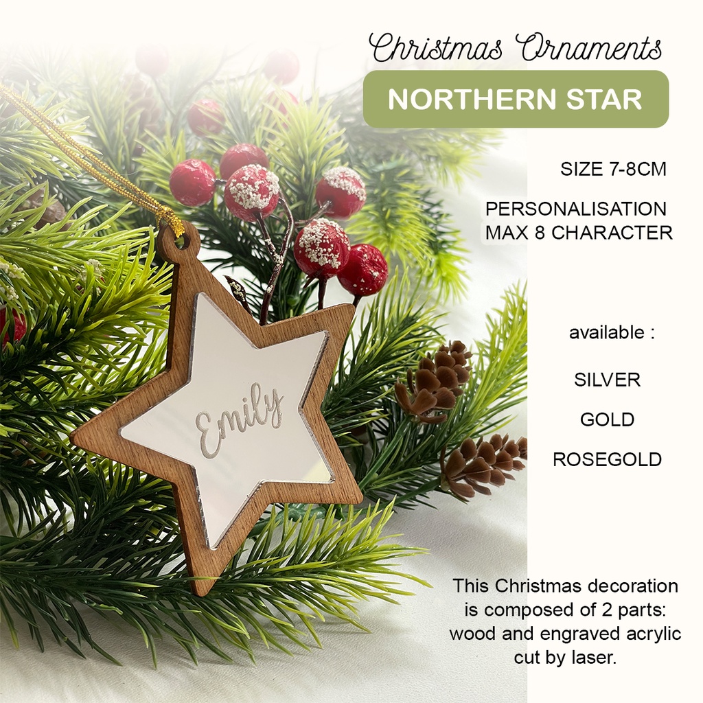 Kado Natal Christmas Gift Ornament Hiasan Pohon Natal Bintang Silver Gold Rosegold Kayu Grafir Hadiah Hampers Kado Souvenir