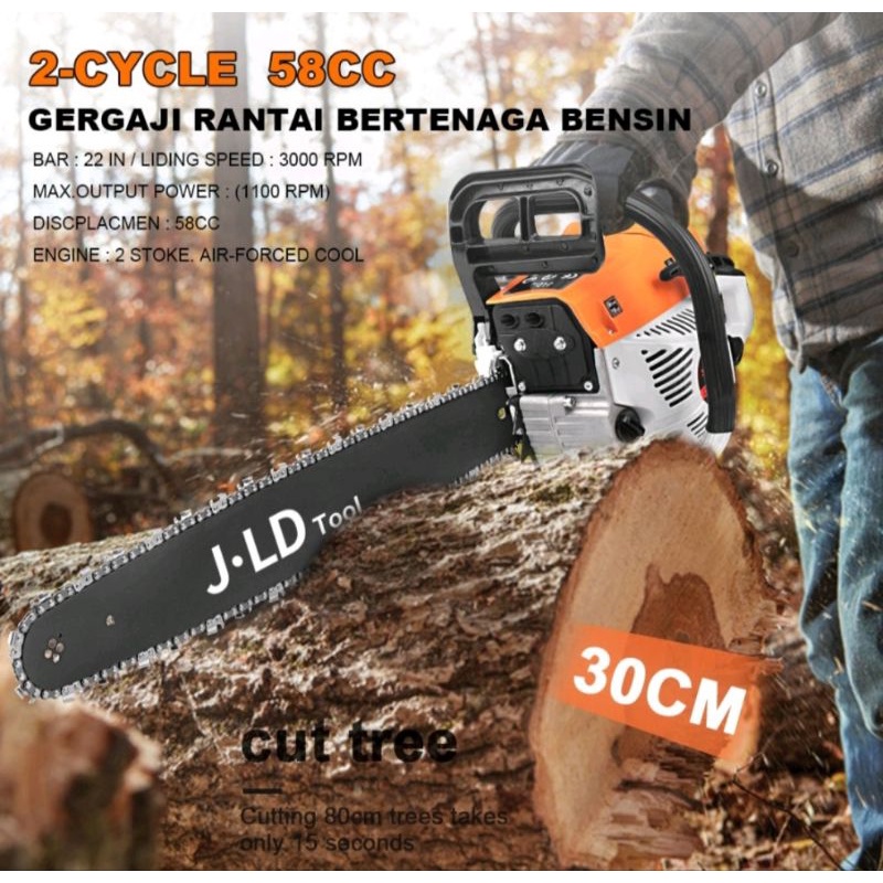 JLD Mesin Potong Kayu 58cc Mesin Chainsaw 2Tak 22inch Gergaji Potong